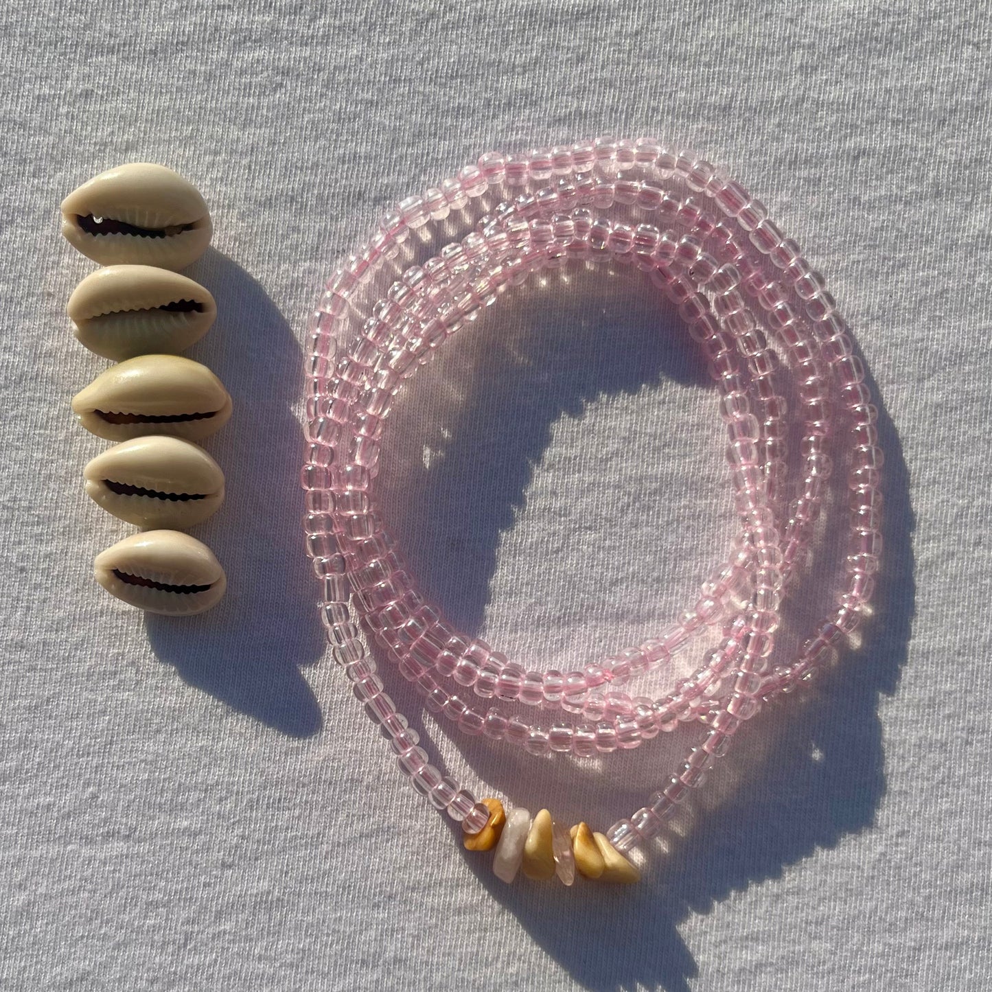 Handmade Pink Beaded Necklace with Cowrie Shells