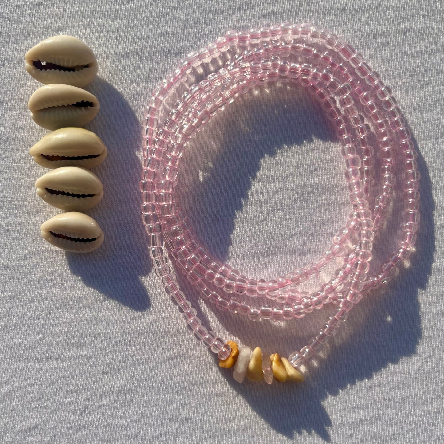 Handmade Pink Beaded Necklace with Cowrie Shells