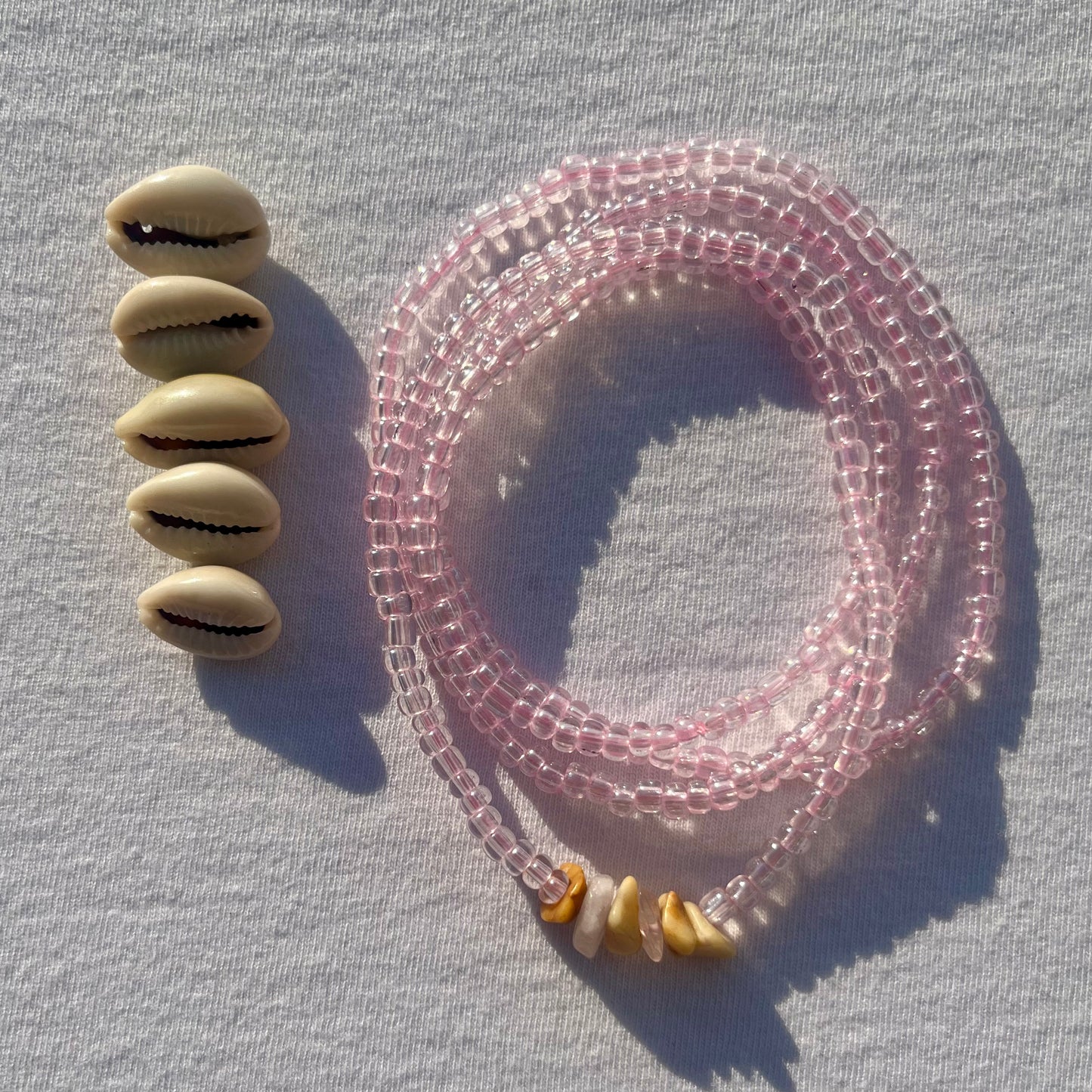 Handmade Pink Beaded Necklace with Cowrie Shells